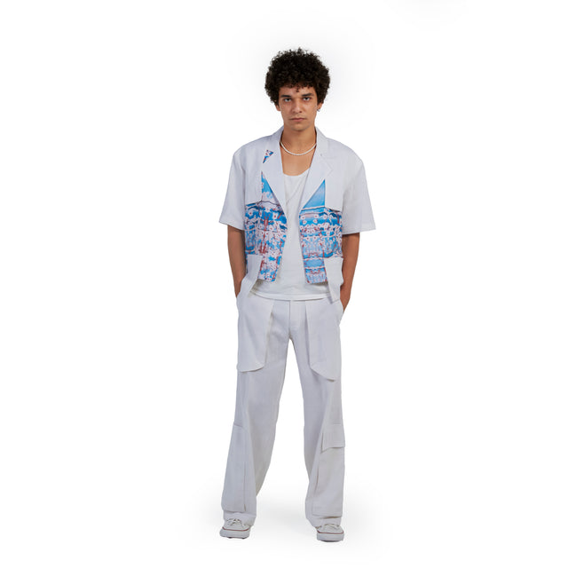 Romanino White Shirt Gabardin And Linen blue